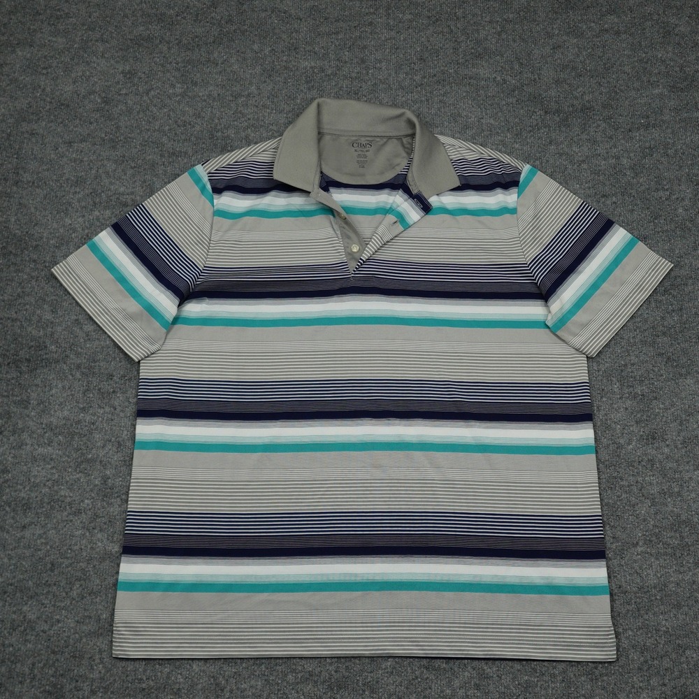 Chaps Shirt Men XL Gray Striped Short Sleeve Polyester Casual Polo